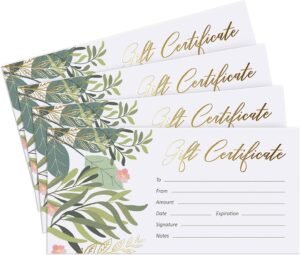 Four blank gift certificates with beautiful green flowers on them