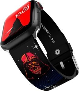 A black color Smartwatch Band with a red color star wars logo on it.