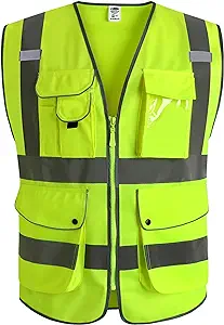 JKSafety 9 Pockets Class 2 High Visibility Zipper Front Safety Vest With Reflective Strips,Meets ANSI/ISEA Standard (Large, 150-Yellow)