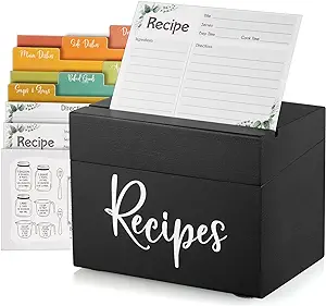 DRASTAR Recipe Box, Wooden Recipe Organizer, Recipe Holder Box with 50 Recipe Cards 4"x6" & 6 Dividers