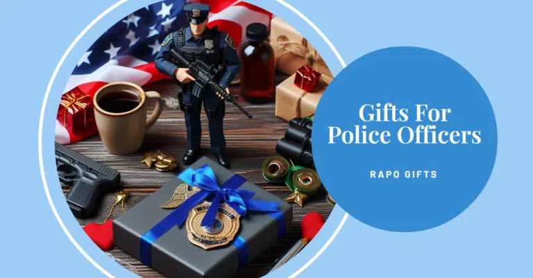 A statue of a police officer is placed in front of a gift box with unboxed gifts lying around it. And on the side it says "Gifts For Police Officers".