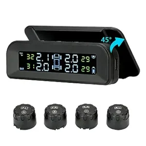 Tire Pressure Monitoring System Wireless Solar TPMS, Tire Pressure Monitor Installed on Windowshield with 4 External Sensors Real-time Display Temperature Pressure 22-87 PSI for Car RV SUV MPV Sedan