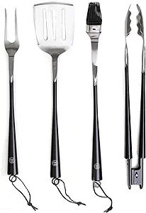 Schmidt Brothers - BBQ Carbon 6, 4-Piece Grilling Accessory Set, Full-Forged Stainless Steel Grilling Utensils Including Spatula, Fork, Basting Brush, and Tongs with All Wood Handles