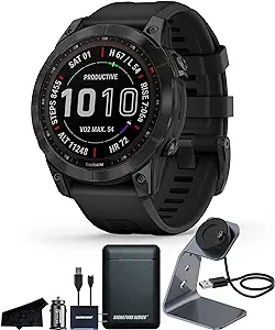 Garmin Fenix 7 Sapphire Solar Edition, Rugged GPS Adventure Touchscreen Smartwatch with Health/Wellness Features, Black DLC Titanium with Black Band and Signature Series Charging Stand Bundle