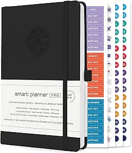 Smart Planner Pro – Undated Daily Planner – Small A5 – Achieve Goals & Increase Productivity – Weekly, Monthly, Work Sections, Organizer Diary with Back Pocket, 3 Satin Bookmarks & Pen Holder