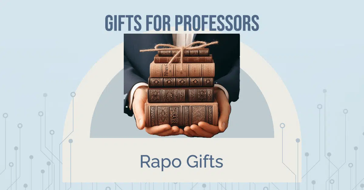 A professor is holding a gift of books in his hand and it says "Gifts For Professors" on the side.