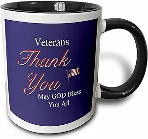 3dRose mug_36111_4 "Thank You Veterans, May God Bless you all. Text art with USA flag in red, white and blue." Two Tone Black Mug, 11 oz, Multicolor