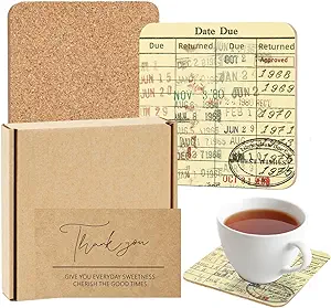 Vintage Library Due Date Card Coaster Set, 4pcs Library Card Coasters with Gift Card, Creative Drink Coffee Mug Coaster Literary Decor Library Gifts for Book Lovers Librarians Writers