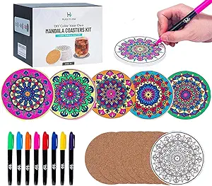 Hula Home Color Your Own Coaster Mandalas w/ Markers | 8 Absorbent Ceramic Tiles w/ Cork Base | Gift Arts and Crafts DIY Kit for Adults, Hobby, Teens, Seniors, Women, Elderly