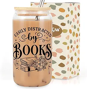 Coolife Book Themed 16oz Glass Cups w/Lids & Straws, Bookish Gifts for Book Lovers - Book Club Bookworm Gifts for Readers Librarian Teacher, Mothers Day, Birthday Gifts, Book Lovers Gift Ideas