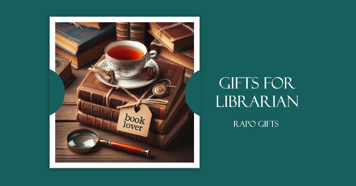 There are three books on top of which there is a cup of tea. Librarian-related items are lying around them. And on their side is written "Gifts For Librarian" and "Repo Gifts".