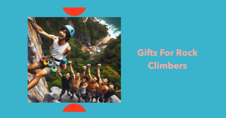 A boy is doing rock caliming and people are cheering him on. On its side is written 'gifts for rock climbers'.