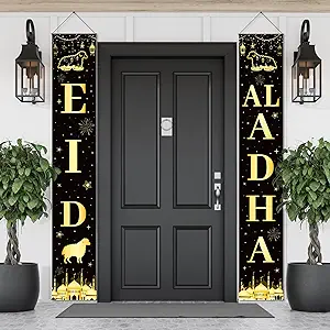 Eid Al-Adha Mubarak Porch Sign Set Eid Al-Adha Mubarak Banner Eid Al-Adha Door Wall Hanging Banners Moon Mosque Islamic Eid Ramadan Mubarak Party Supplies Religious Front Door Backdrop Decoration