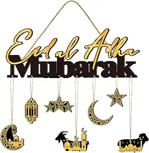 Wood Eid Al Adha Decoration Mubarak Wooden Pendant Ornament Moon Star Decorative Hanging Ornaments Ramadan Kareem Decoration Hanging Plaque Sign for Home Wall Party Decor