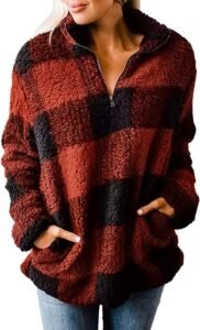 MEROKEETY Women's Plaid Sherpa Fleece Zip Sweatshirt Long Sleeve Pullover Jacket