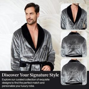 Lotus Linen Personalized Robes for Men | Embroidered Robe Text on Back | Luxury Plush Bathrobe Monogrammed Gifts for Men