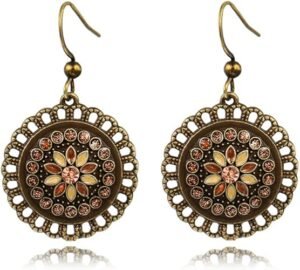 Bohemian Vintage Bronze Tribal Hoop Spiral Earring Unique Handmade Colorful Round Circle Flower Geometry Dangle Drop Earrings for Women