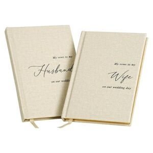 MUUJEE Hard Cover Vow Books (Set of 2) - Cream Canvas Linen Foil Embossed Wedding Ceremony Vow Renewal Speech Books, Couple Gifts for Engagement (To My Husband/Wife)