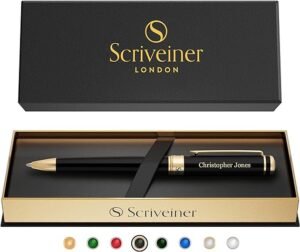 Scriveiner Personalized Black Ballpoint Pen - Stunning Luxury Pen, Jet Black Lacquer, 24K Gold Finish, Schmidt Ink Refill, Best Engraved Ball Point Gift Set for Men & Women, Custom Name Engraving