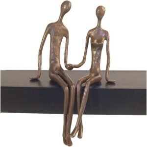 Sitting Couple Holding Hands Contemporary Sand-Casted Bronze Sculpture, Home and Office Decor Gift for Spouse and Partner, Birthday, Wedding, Anniversary