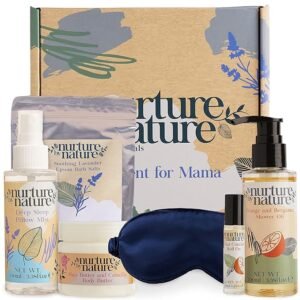 Nurture by Nature's MOMENT FOR MAMA Gift Set, Lavender Pillow Mist, Spa Gift Baskets for Women, 6 Pcs Per Bath Set