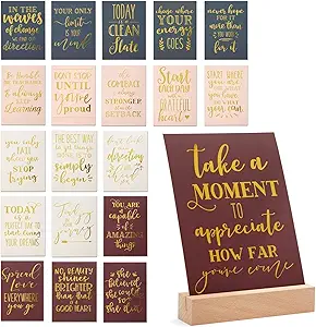 Paper Junkie 20 Pack Daily Motivational Quotes for Desk with Wooden Stand for Cubicle Decor