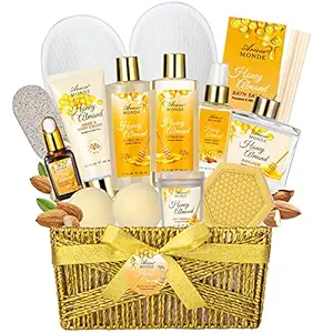 Bath & Body Gift Set, Luxury Home Spa Bath Gift Basket, Honey Almond Scented Bath Set, Pamper Gifts for Women & Teens