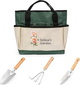 Personalized Garden Tools Set for Women: Custom Text Garden Tool Bag and Garden Shovel & Transplant Shovel & Hand Rake - Gardening Gifts for Mom Grandma Gardening Lover