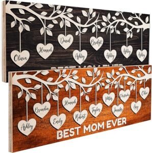 Personalized Family Tree w/Names for Mothers Day Gifts - 4 Colors 7x18in Customized Wood Signs Decor for Best Mom Ever Mother Gifts Custom Mommy Wooden Board Room Wall Art