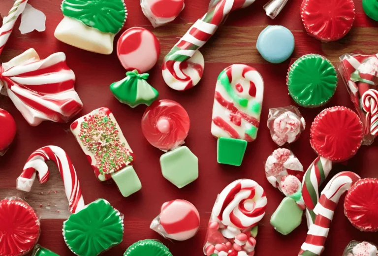 Various types of candies are lying on a red table. It looks very beautiful.