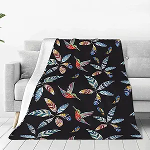 Embroidered Hummingbird and Feathers Throw Blanket