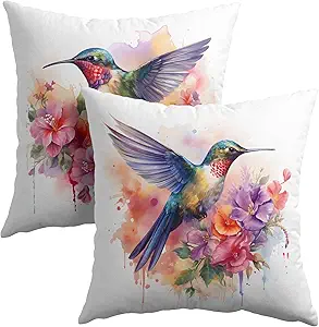 Lovely Hummingbird Throw Pillow Covers - Colorful Bird with Flowers Cushion Case Spring Oil