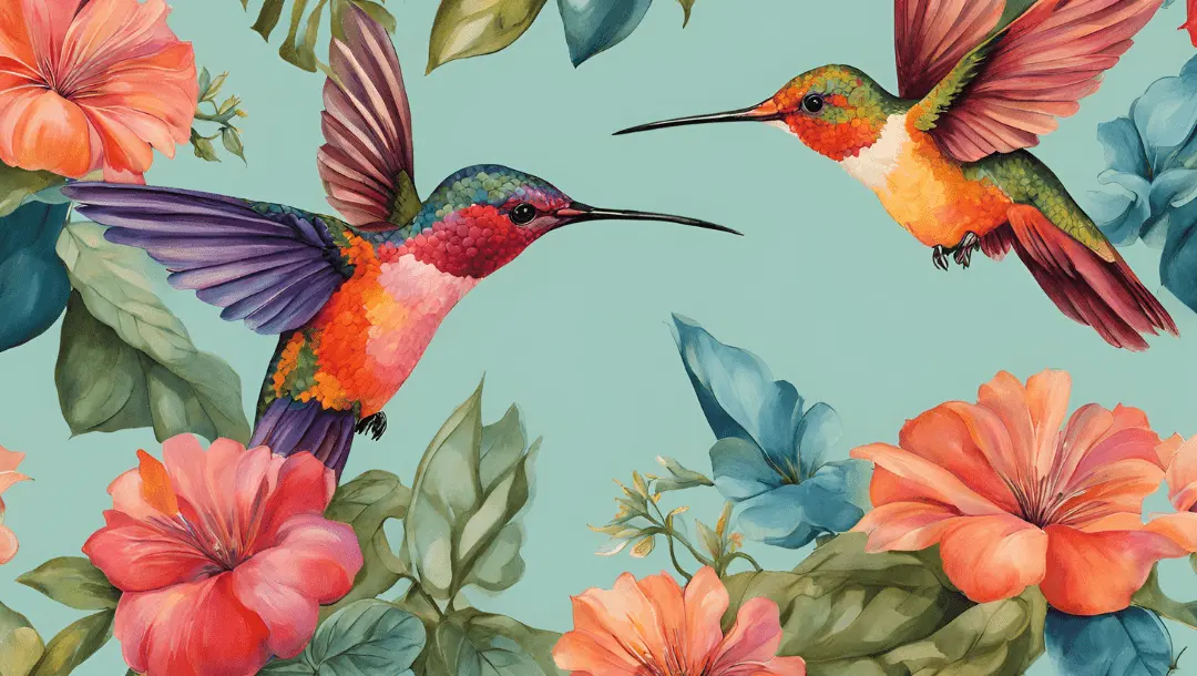 There are hummingbirds surrounded by many flowers.